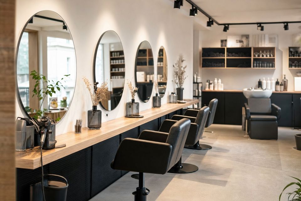 Der Salon von innen: ein Stylingplatz vor großem Spiegel in warmem Nachmittagslicht