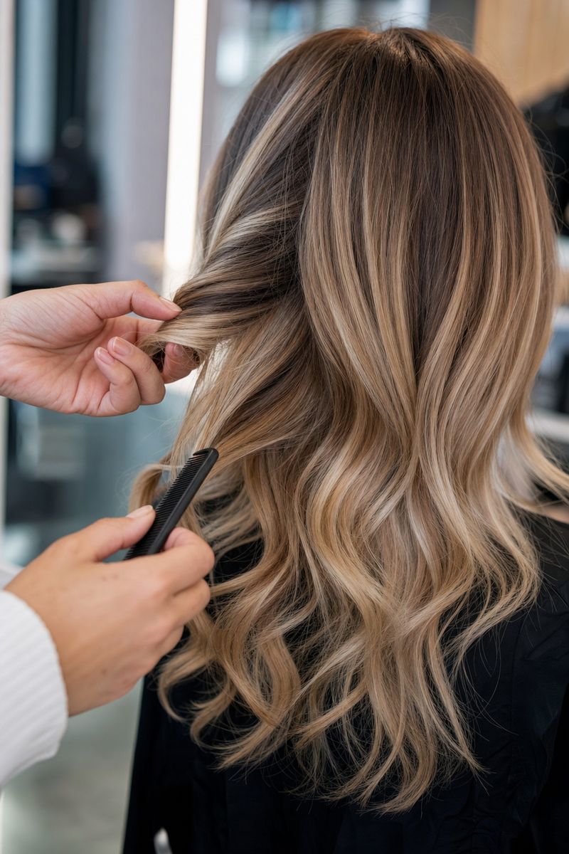 Hände eines Friseurs beim Auftragen von Haarfarbe mit dem Pinsel, kein Gesicht sichtbar